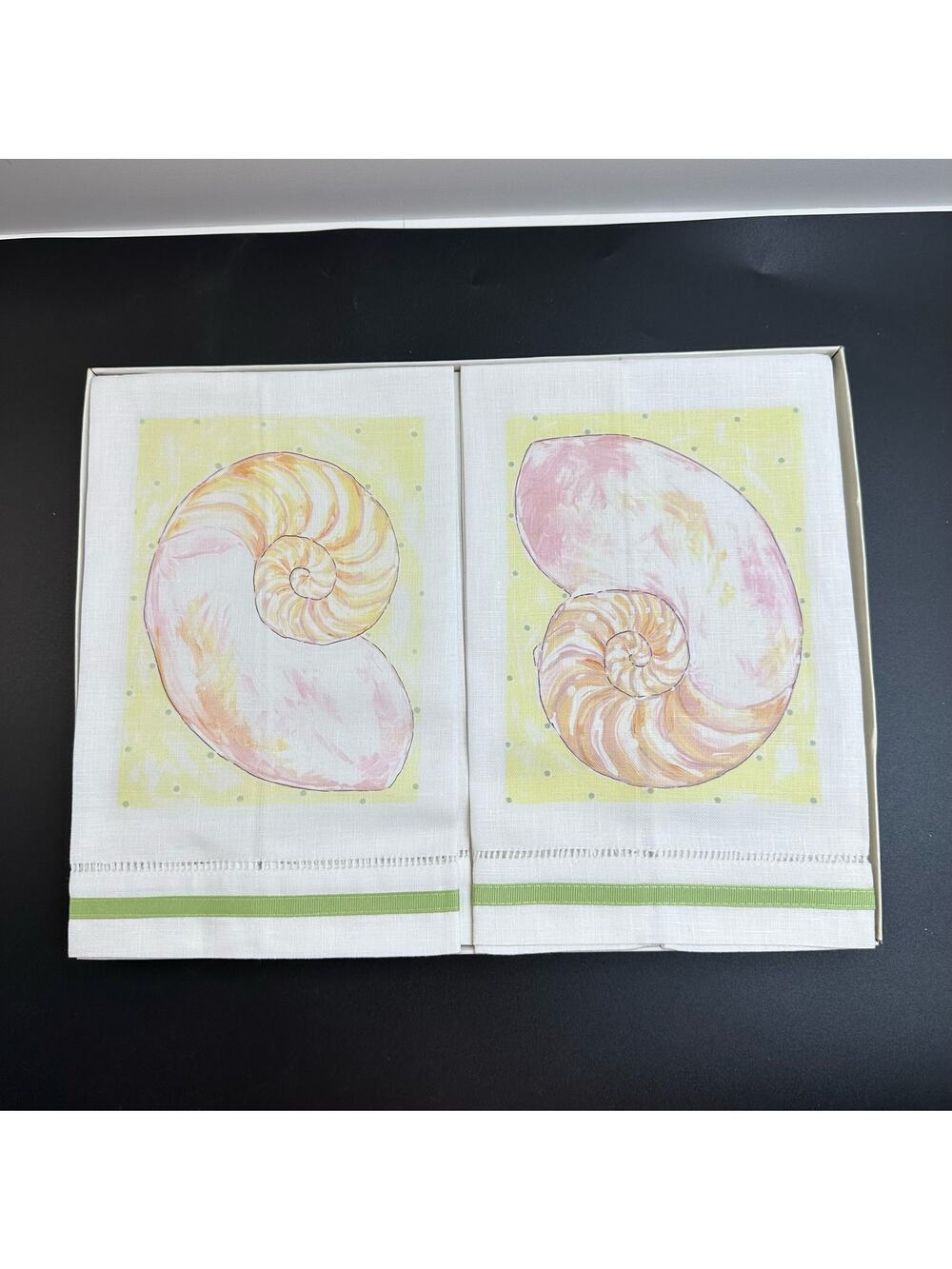 Linen Hand Painted Shell Hand Towels Set of 2